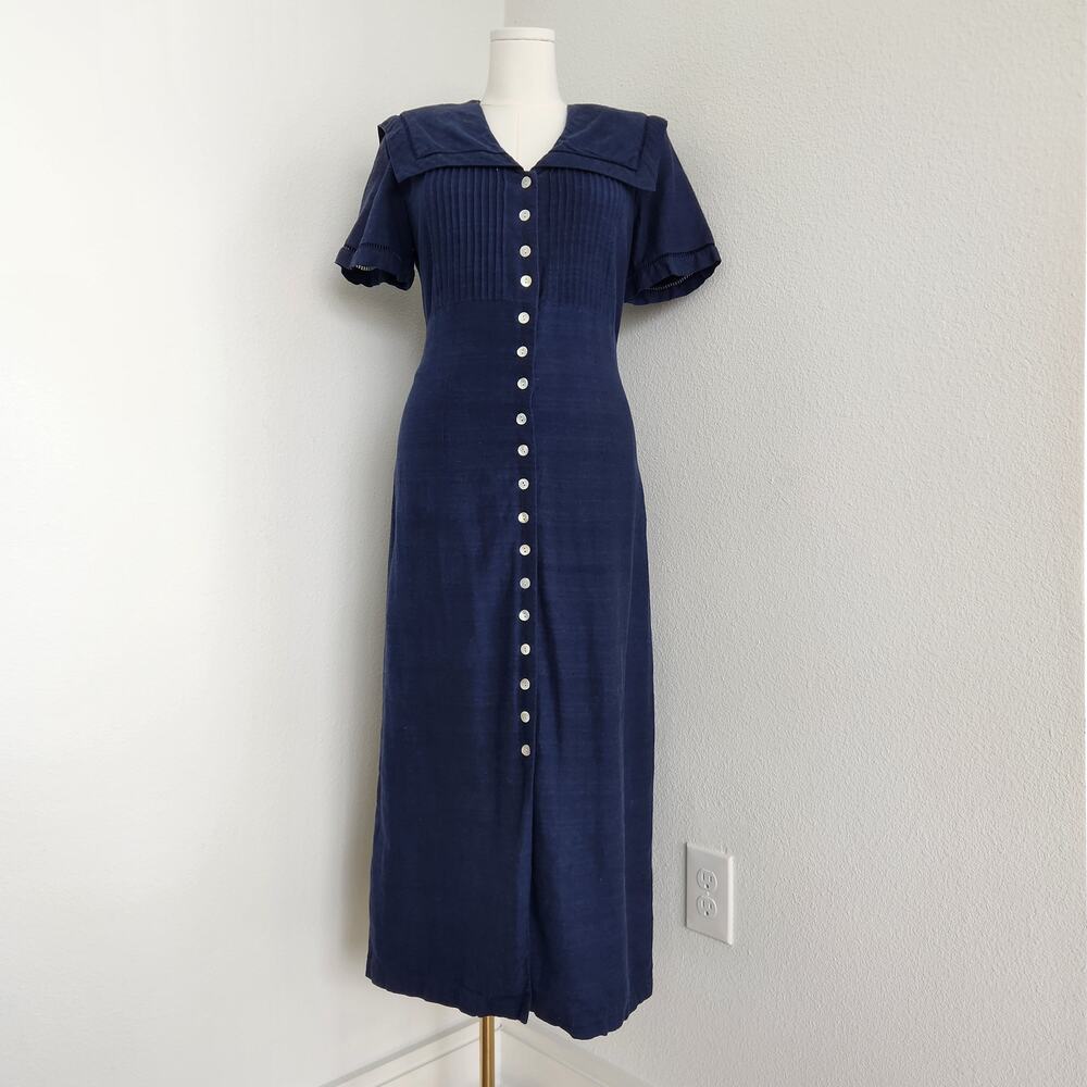 Vintage 90s Sarah Elizabeth Navy Sailor Collar Button Front Midi Dress Size 10